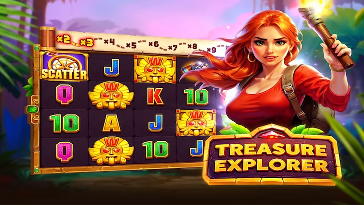 Makulay at masiglang visual ng Treasure Explorer slot na nagpapakita ng jungle theme at mga simbolo ng ekspedisyon.